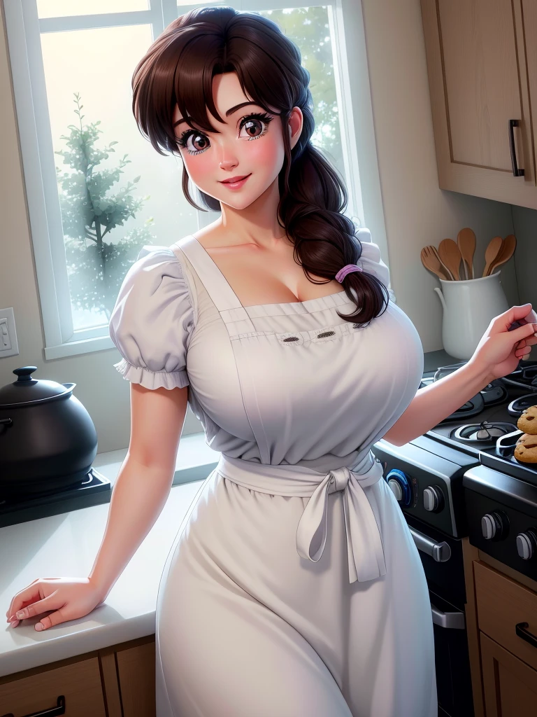 Tendou_kasumi, apron_white_steering wheel,dress, maid,solo apron, apron corto,Standing, only, big breasts,, masterpiece, The best quality, detailed face, detailed eyes, Beautiful smiling woman, happy face,blush,High Resolutions,hyperrealistic face, bright Eyes, detailed eyes,japanese home kitchen,spectacular light, dust specks in the air,cook, cooking cookies, NSFW, showing thighs,hyperrealistic eyes, extremely realistic eyes,very realistic eyes,mischievous look,showing back, Implying,long hair up,Ultra realistic eyes, making cookies, curved back