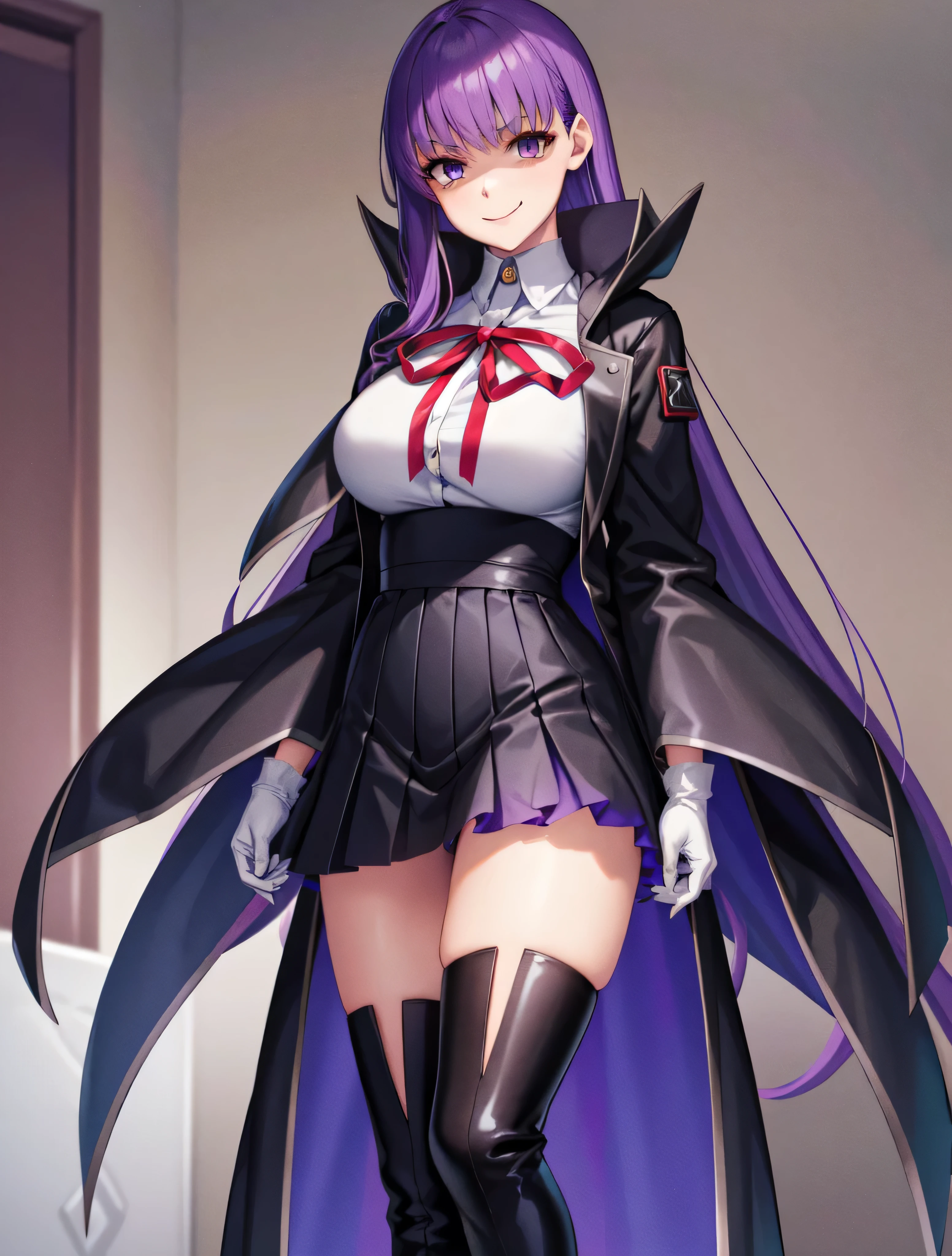  Isoscale, Mid Shot,  night, ,,, Purple Hair, Black jacket, White shirt, Black Skirt, Red ribbon, Big Breasts, Purple eyes, White gloves, Long Hair, Large collar, Wicked Smile,,shiny thigh high boots,(Wicked Smile:1.3),Highly detailed CG Unity 8k wallpaper, Perfect lighting,,Looking down at the viewer,,Anxious smile,Flame city world background,Dark shadowed face(Eyes in the shadows),solo,Yandere,latex,masterpiece, Highest quality, High resolution, One person,View your viewers,look down,Release black darkness from your hands,Embodiment of evil,two hands,Two legs,five fingers,Skull Mountain,