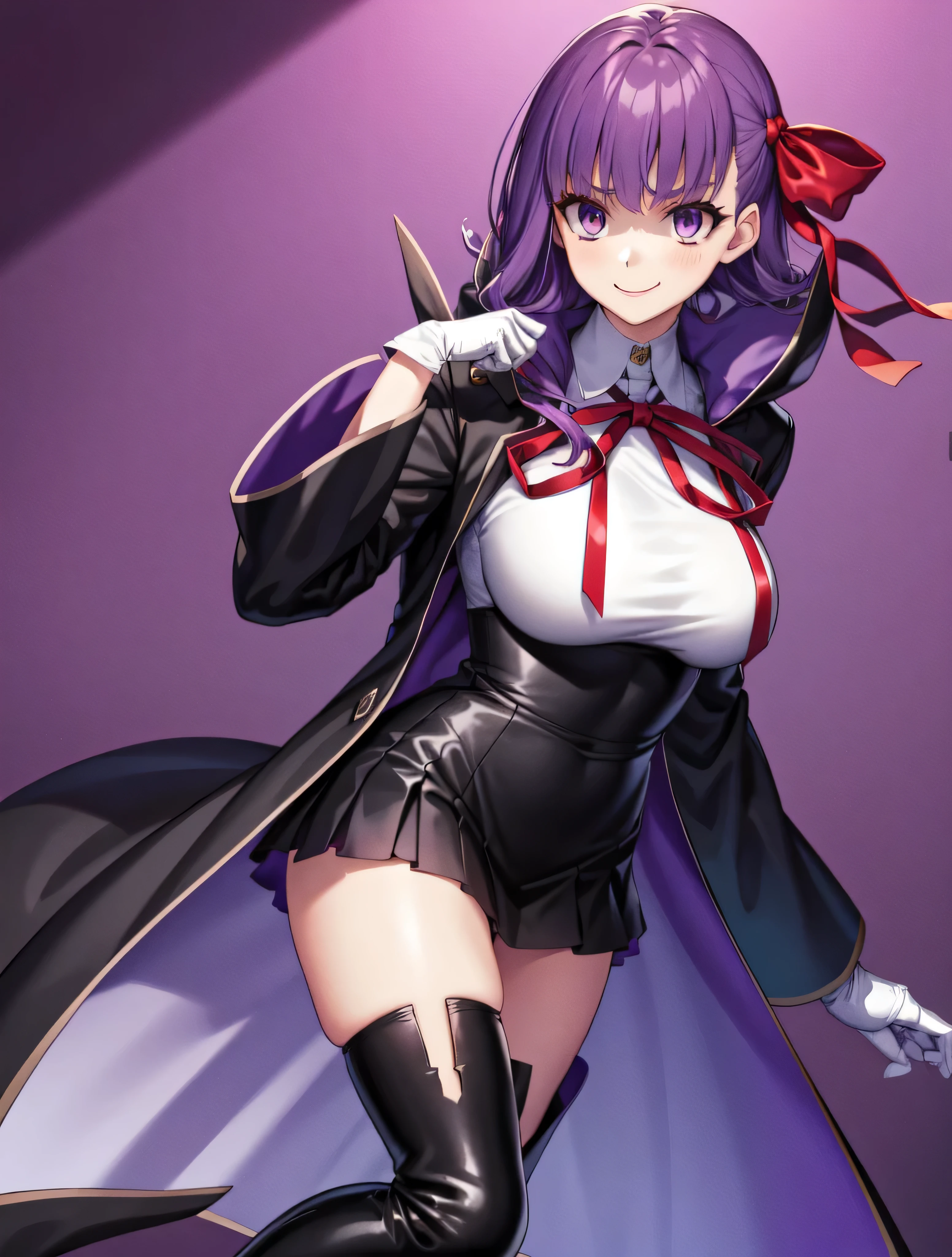  Isoscale, Mid Shot,  night, ,,, Purple Hair, Black jacket, White shirt, Black Skirt, Red ribbon, Big Breasts, Purple eyes, White gloves, Long Hair, Large collar, Wicked Smile,,shiny thigh high boots,(Wicked Smile:1.3),Highly detailed CG Unity 8k wallpaper, Perfect lighting,,Looking down at the viewer,,Anxious smile,Flame city world background,Dark shadowed face(Eyes in the shadows),solo,Yandere,latex,masterpiece, Highest quality, High resolution, One person,View your viewers,look down,Release black darkness from your hands,Embodiment of evil,two hands,Two legs,five fingers,Skull Mountain,