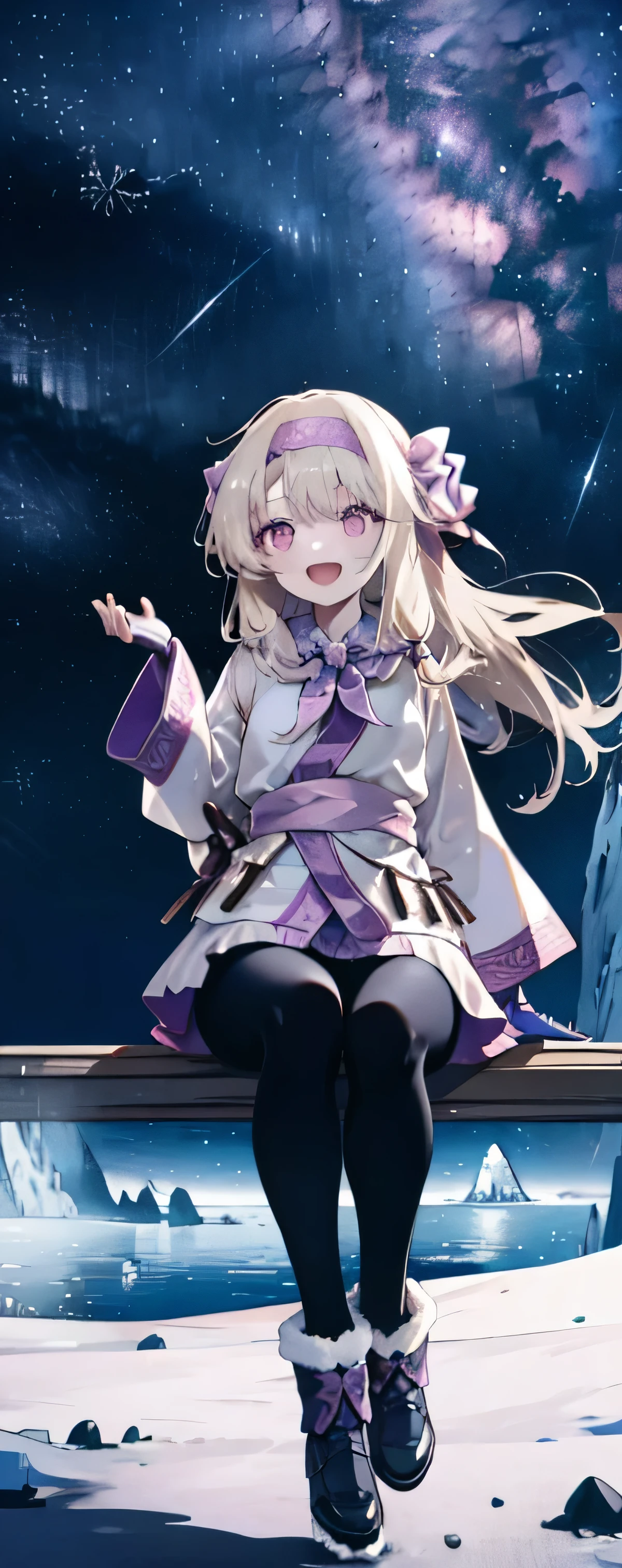 1girl, solo, sitonai, pink eyes, polar bear, ainu clothes, long sleeves, fingerless gloves, wide sleeves, off shoulders, leggings, pretty girl, a happy smile、full body, sitting, shooting star、supernova explosion、Solar flare、Meteor、Aurora、Antarctica、Snow Scene、(((penguins))), Beautiful background、Beautiful Eyes、Open your mouth、Hair blowing in the wind、Friendly pose、