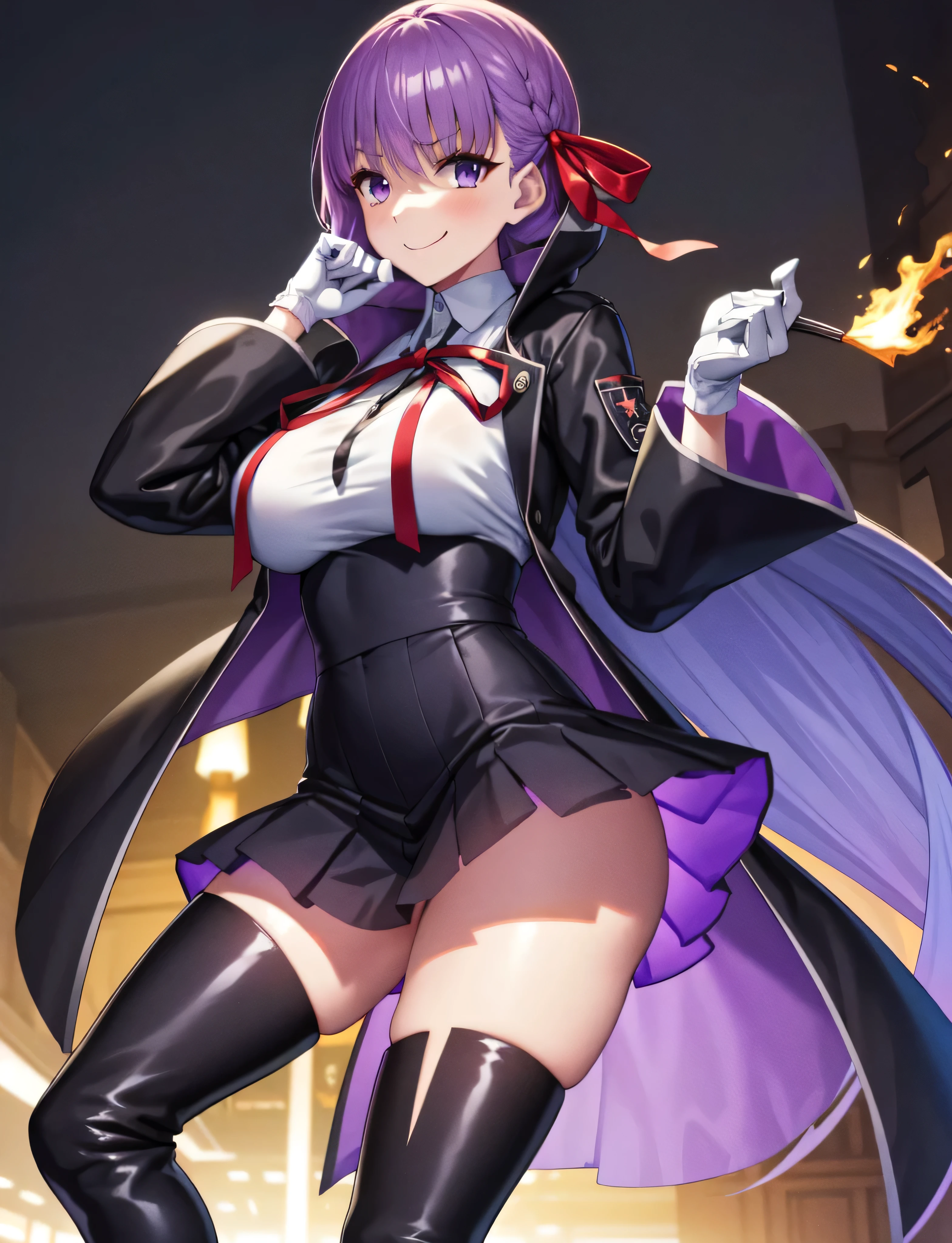  Isoscale, Mid Shot,  night, ,,, Purple Hair, Black jacket, White shirt, Black Skirt, Red ribbon, Big Breasts, Purple eyes, White gloves, Long Hair, Large collar, Wicked Smile,,shiny thigh high boots,(Wicked Smile:1.3),Highly detailed CG Unity 8k wallpaper, Perfect lighting,,Looking down at the viewer,,Anxious smile,Flame city world background,Dark shadowed face(Eyes in the shadows),solo,Yandere,latex,masterpiece, Highest quality, High resolution, One person,View your viewers,look down,Release black darkness from your hands,Embodiment of evil,two hands,Two legs,five fingers,Skull Mountain,