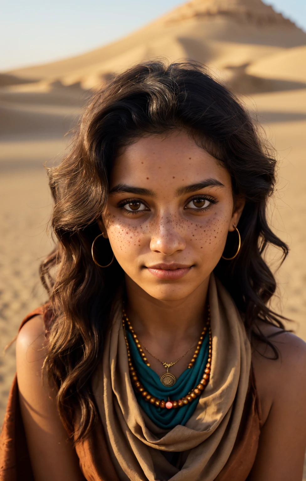 (Close-up, editorial photograph of a sixteen years old woman), (highly detailed face:1.4) (smile:0.7) (background inside dark, moody, private study:1.3) POV, by lee jeffries, nikon d850, film stock photograph ,4 kodak portra 400 ,camera f1.6 lens ,rich colors, hyper realistic ,lifelike texture, dramatic lighting , cinestill 800, wavy hair, messy hair, Mischievous smirk, Black hair, freckles, Brown Eyes, jewels, necklace, Arabic Cloak, Arabic Scarf, Astral Plane, Black Round Sunglasses, Sun, Sand, Desert, Arabian expressions, Egyptian woman, Arabian skin, Golden Aura, shadow queen