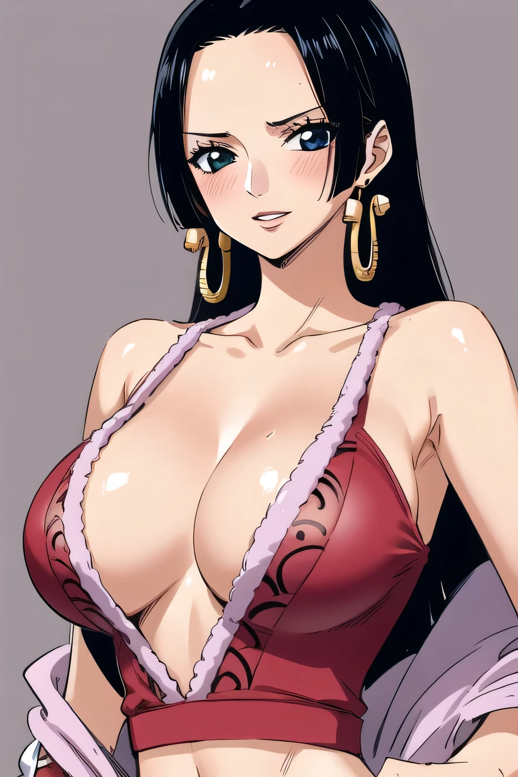 1girl,  BREAK, boa hancock, jewelry, earrings, cleavage, large breasts, blush, happy, camisole, black camisole, woman camisole,