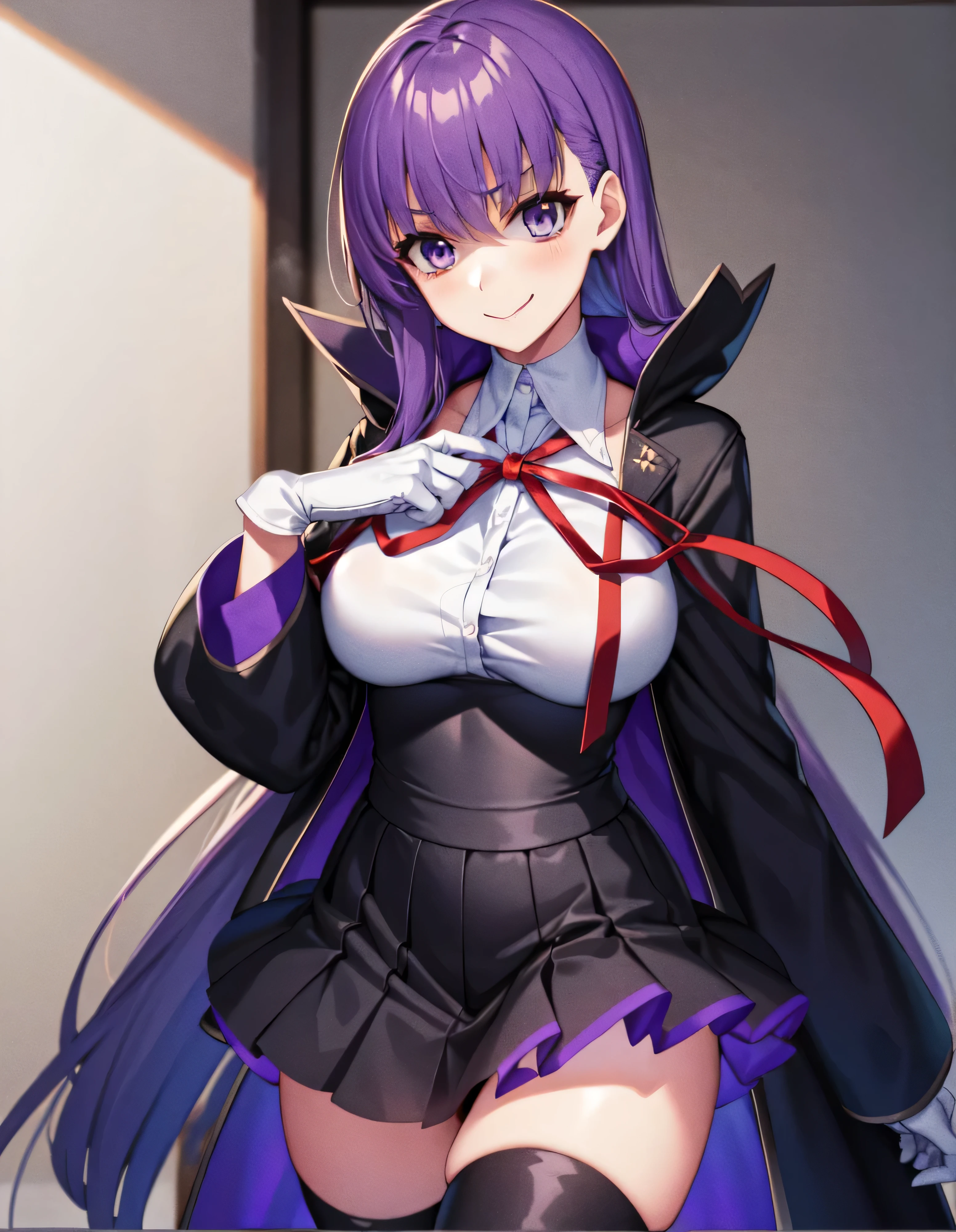  Isoscale, Mid Shot,  night, ,,, Purple Hair, Black jacket, White shirt, Black Skirt, Red ribbon, Big Breasts, Purple eyes, White gloves, Long Hair, Large collar, Wicked Smile,,shiny thigh high boots,(Wicked Smile:1.3),Highly detailed CG Unity 8k wallpaper, Perfect lighting,,Looking down at the viewer,,Anxious smile,Collapsed city world background,Dark shadowed face(Eyes in the shadows),solo,Yandere,latex,masterpiece, Highest quality, High resolution, One person,View your viewers,look down,Release black darkness from your hands,Embodiment of evil,two hands,Two legs,five fingers,Skull Mountain,