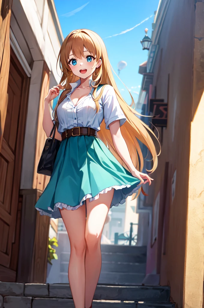 Masterpiece, an anime woman is standing, blue beautifull medium dress, cleavage, day, long hair ,belt, cyan eyes, ((brown blonde long hair)), 1girl, outdoors, open mouth, blue medium dress, casual outfit, smile, sky, ,anne,(brown long hair),cyan eyes, anne, anne, short sleeves, beautifull dress, blue medium skirt,belt, Anime