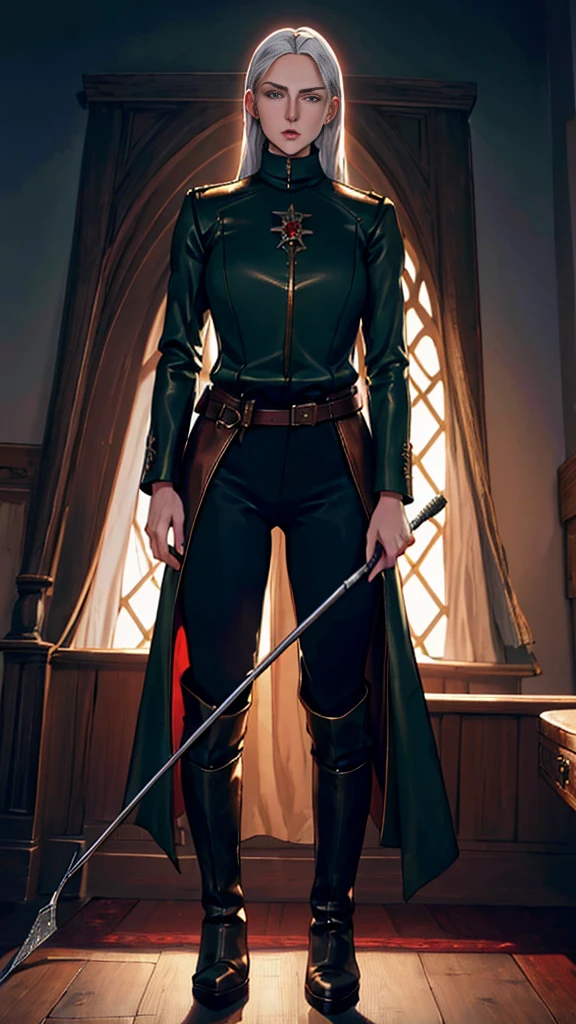 A woman with long platinum blonde hair, choppy bangs, arched crescent eyebrows, sharp and determined eyes, a delicate oval face, a serious expression, a fantasy-style dark green military coat, draped with a dark red cloak, military trousers, (leather knee-high combat boots:1.2), silver greaves leggings, standing in a spacious training ground, this character embodies a finely crafted fantasy-style female military officer in anime style, exquisite and mature manga art style, pale skin, high definition, best quality, highres, ultra-detailed, ultra-fine painting, extremely delicate, professional, perfect body proportions, golden ratio, anatomically correct, symmetrical face, extremely detailed eyes and face, high quality eyes, creativity, RAW photo, UHD, 32k, Natural light, cinematic lighting, masterpiece-anatomy-perfect, masterpiece:1.5, (holding riding crop:1.1), pretty face