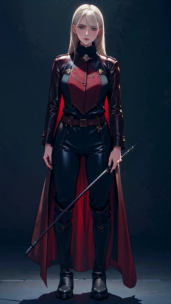 A woman with long platinum blonde hair, choppy bangs, arched crescent eyebrows, sharp and determined eyes, a delicate oval face, a serious expression, a fantasy-style dark green military coat, draped with a dark red cloak, military trousers, (leather knee-high combat boots:1.2), silver greaves leggings, standing in a spacious training ground, this character embodies a finely crafted fantasy-style female military officer in anime style, exquisite and mature manga art style, pale skin, high definition, best quality, highres, ultra-detailed, ultra-fine painting, extremely delicate, professional, perfect body proportions, golden ratio, anatomically correct, symmetrical face, extremely detailed eyes and face, high quality eyes, creativity, RAW photo, UHD, 32k, Natural light, cinematic lighting, masterpiece-anatomy-perfect, masterpiece:1.5, (holding riding crop:1.1), pretty face