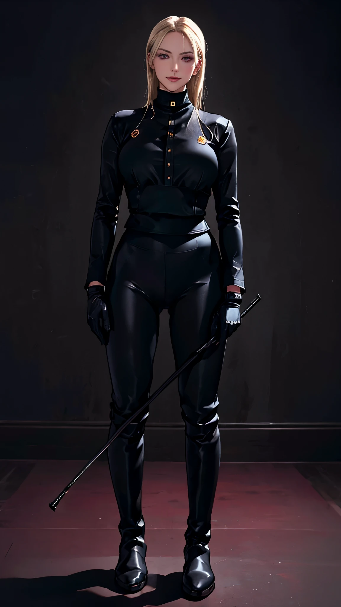 (highest resolution, distinct_image) best quality, a woman, solo, masterpiece, highly detailed, semi realistic, blonde hair, bangs, 1, mature, young, tall strong, uniform, military uniform( large indoor background), cold, serious, tall, handsome, autocratic, powerful, exquisite facial features, exquisite facial features, (full body)(black knee-high boots:1.4)(dominatrix:0.3)( Yoga pants:1.3),(gloves:1.5)(long sleeves),(active sportswear shirt),solo,1girl,(looking at viewer),(from below:0.9)(head turned upwards:0.3)(smiling:0.4)(bodysuit:0.3)(holding riding crop:1.2)(muscular:0.8)(shirt tucked in pants:1.3),(parquet flooring)(standing on floor)(pretty eyes)(staring)(yandere), white hair, superior smirk, smiling, devious, anime look, detailed drawing, manga, illustration , pink eyes, superior, smug, organized, from_below