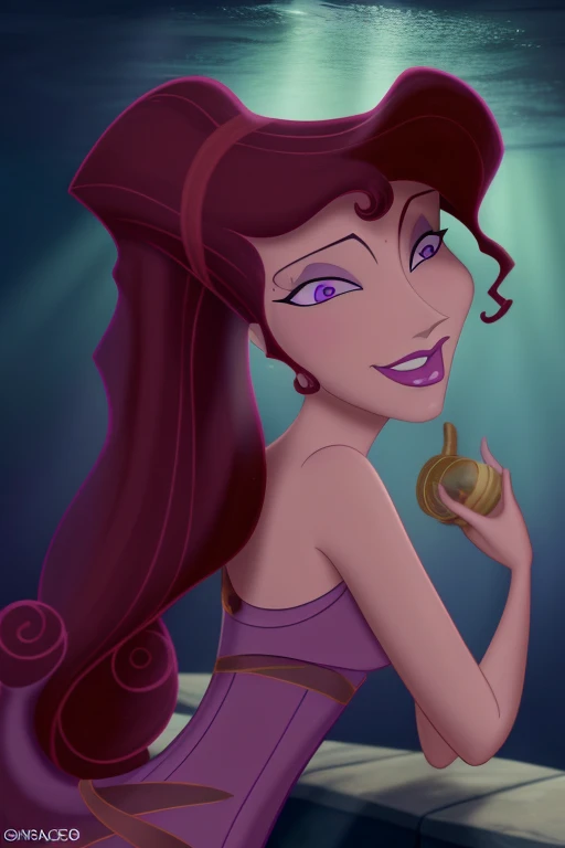 Megara , brown hair, ponytail, purple iris, detailed eyes, bangs, makeup, lipstick, purple gown, swimming underwater, upper body, seductive smile, lower mermaid body, (insanely detailed, beautiful detailed face,beautiful detailed eyes, masterpiece, best quality) , solo, theme: Siren, マーメイド, fish mixed female, legless, swim, lighting black wet, under deep sea, seashell bikini