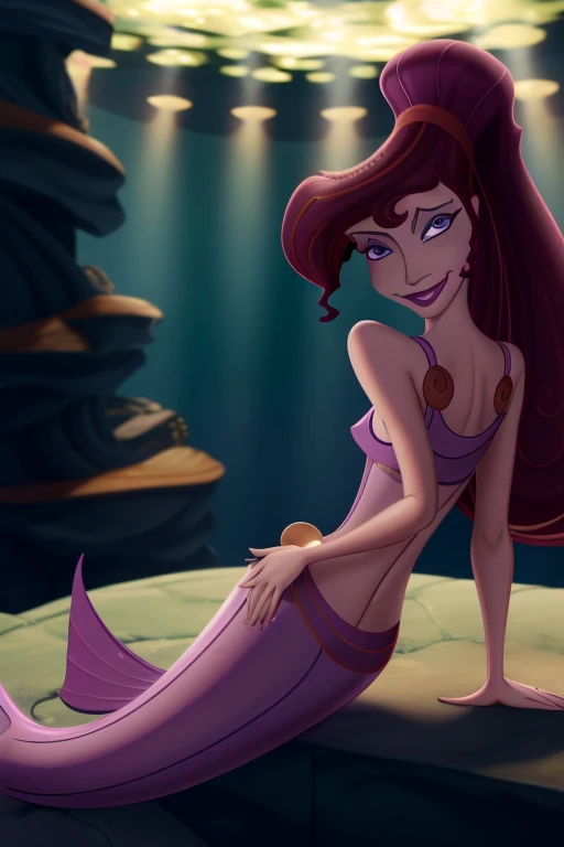 Megara , brown hair, ponytail, purple iris, detailed eyes, bangs, makeup, lipstick, swimming underwater, upper body, seductive smile, lower mermaid body, (insanely detailed, beautiful detailed face,beautiful detailed eyes, masterpiece, best quality) , solo, theme: Siren, マーメイド, fish mixed female, legless, swim, lighting black wet, under deep sea, seashell bikini