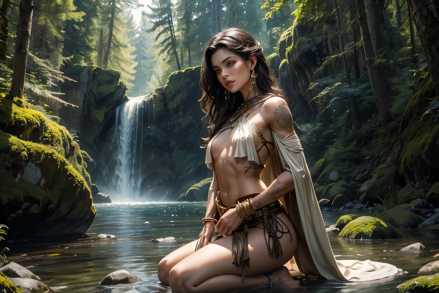 (Digital Art medieval style) athletic blue clean shiny wet oiled oily soaked clinging dress wet Lara Croft white revealing lowing silk robes medieval style turtleneck leather top, nude belly, and slit medieval style long skirt, in a dense misty mysterious jungle, golden lace dress, (1woman), 75 years old, elder sage woman, masterpiece, top-quality, Photorealistic, A hyper-realistic, realistic hands, perfectly symmetrical face, detailed skin, vivid colours, HDR, hard shadows, art photography, soft focus, masterpiece, breathtaking, atmospheric perspective, diffusion, pore correlation, skin imperfections, 80mm Sigma f2, depth of field, intricate natural lighting, wide angle