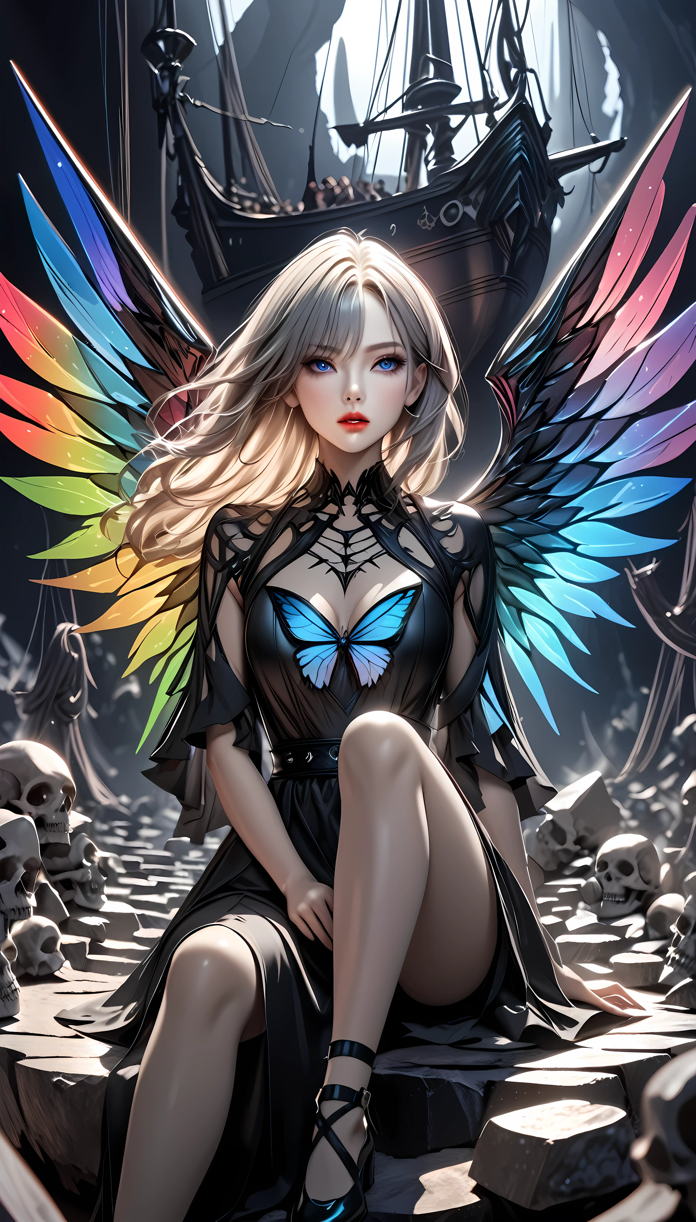 1girl, mysterious opera singer with eagle body, alone, peacock wing wings, holographic fallen angel, absurdist aesthetics, siren possession, beautiful singing voice echoing, sitting on rock gazing at (sailing ship), mountain of bones stage, holographic gothic fantasy, ARW, (best quality,4K,8k,highres,masterpiece:1.2),ultra-detailed,(realistic,photorealistic,photo-realistic:1.37),extremely detailed eyes and face,longeyelashes,dramatic lighting,dramatic pose,moody atmosphere,rainbow colors, Transparent blue coating, Background with a sailing ship, Bones scattered around, An absurd aesthetic