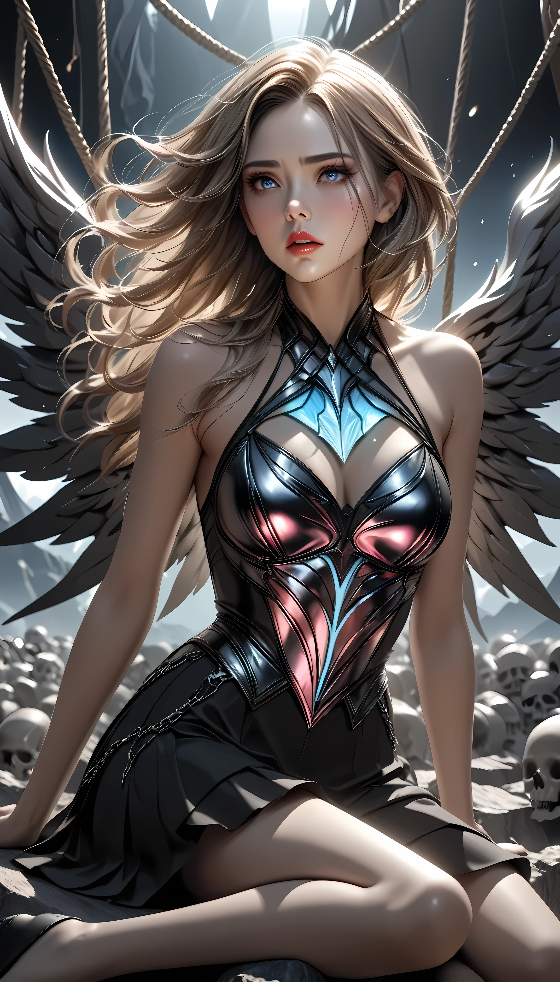 1girl, mysterious opera singer with eagle body, alone, peacock wing wings, holographic fallen angel, absurdist aesthetics, siren possession, beautiful singing voice echoing, sitting on rock gazing at (sailing ship), mountain of bones stage, fantasy, ARW, (best quality,4k,8k,highres,masterpiece:1.2),ultra-detailed,(realistic,photorealistic,photo-realistic:1.37),extremely detailed eyes and face,longeyelashes,dramatic lighting,dramatic pose,moody atmosphere,clear dark colors