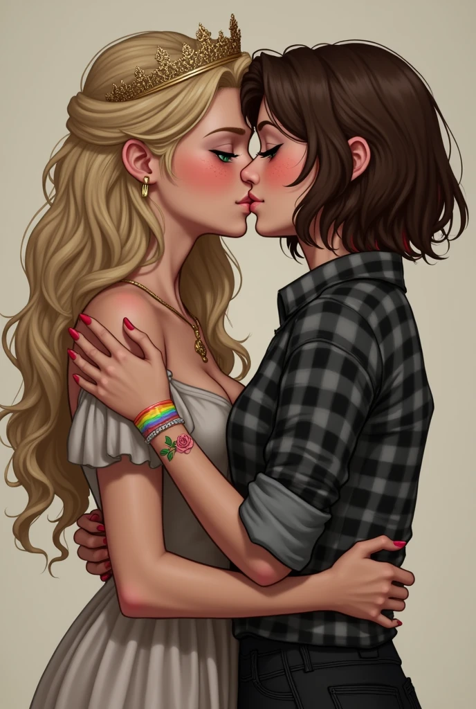 A realistic rendering of a Victor Vasnetsov style illustration of a very close, ultra close shot on the breasts of three girls, 3 kissing, pert, nubile, thin,  freckled,      girls with 50s style, very short, ultra short, very curly, sandy blonde and light brown hair, Iridescent bows in hair, topless, tiny breasts, bare breasts, exposed breasts, small breasts, little breasts, exposed crotch ,pink nipples         , puffy nipples         , exposed     nipples     , slight smile,  open mouth, wearing pastel colored body harnesses, with wide lace straps,       uniforms,  iridescent sparkles on chest, iridescent glitter on breasts,   white cuffs, white collar, hip straps, iridescent sparkles on breasts, reclining  on a bed in a pink, 1950s  teenl's bedroom, ultra close shot on breasts 