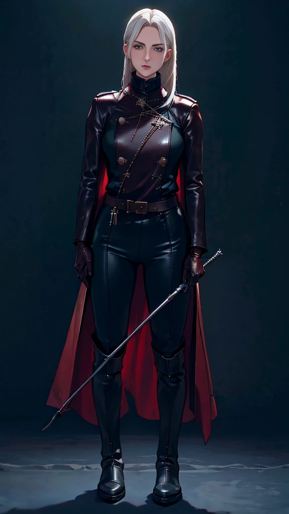 A woman with long platinum blonde hair, choppy bangs, arched crescent eyebrows, sharp and determined eyes, a delicate oval face, a serious expression, a fantasy-style dark green military coat, draped with a dark red cloak, military trousers, (leather knee-high combat boots:1.2), silver greaves leggings, standing in a spacious training ground, this character embodies a finely crafted fantasy-style female military officer in anime style, exquisite and mature manga art style, pale skin, high definition, best quality, highres, ultra-detailed, ultra-fine painting, extremely delicate, professional, perfect body proportions, golden ratio, anatomically correct, symmetrical face, extremely detailed eyes and face, high quality eyes, creativity, RAW photo, UHD, 32k, Natural light, cinematic lighting, masterpiece-anatomy-perfect, masterpiece:1.5, (holding riding crop:1.1), pretty face, (black leather gloves)