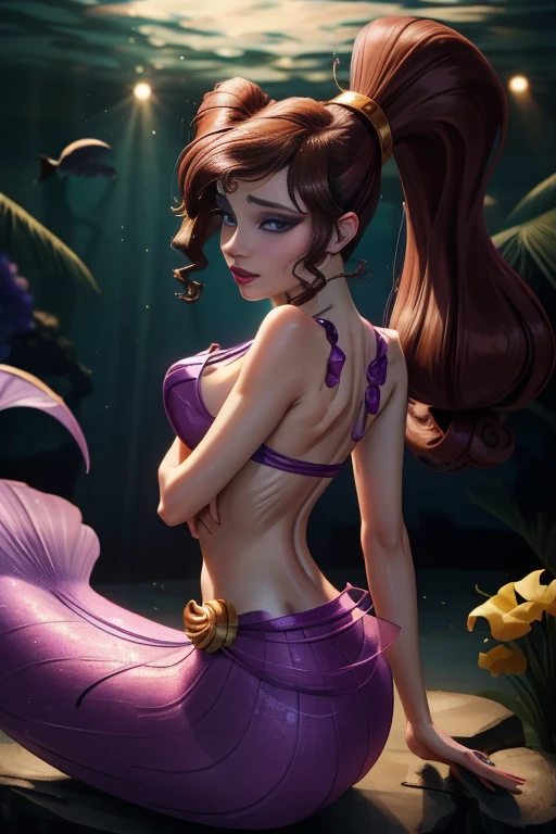 Megara , brown hair, ponytail, purple iris, detailed eyes, bangs, makeup, lipstick, swimming underwater, upper body, seductive smile, lower mermaid body, (insanely detailed, beautiful detailed face,beautiful detailed eyes, masterpiece, best quality) , solo, theme: Siren, マーメイド, fish mixed female, legless, swim, lighting black wet, under deep sea, seashell bikini