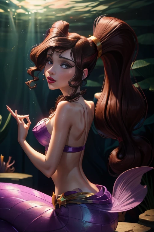 Megara , brown hair, ponytail, purple iris, detailed eyes, bangs, makeup, lipstick, swimming underwater, upper body, seductive smile, lower mermaid body, (insanely detailed, beautiful detailed face,beautiful detailed eyes, masterpiece, best quality) , solo, theme: Siren, マーメイド, fish mixed female, legless, swim, lighting black wet, under deep sea, seashell bikini