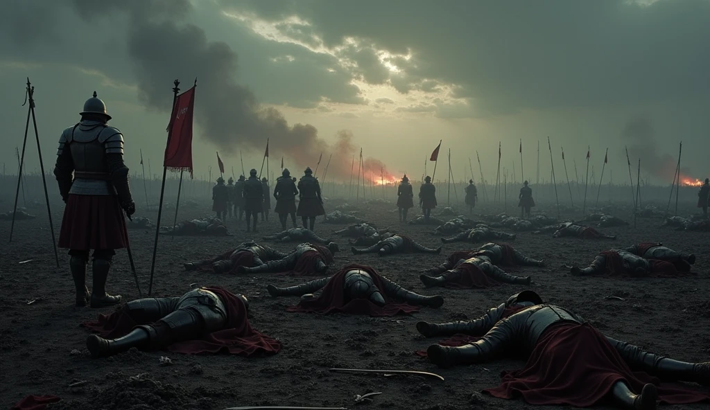 Create a image of the war zone kurukshetra after the war of Mahabharata filled with corpses and blood
