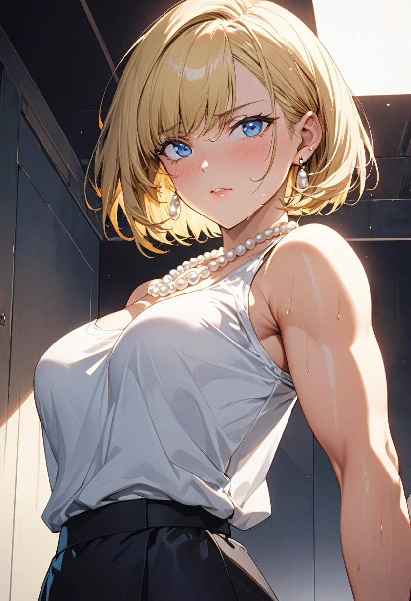 masterpiece, Highest quality, High resolution,16K,beautiful detailed, (Artificial Human Room No. 18),1990s \(style\),(E-cup beautiful breasts)、height: 170cm,Sweating all over the body、Quite muscular、((sexy))、(nsfw),独奏,Anime-style painting style, blonde, blue eyes, Office Lady,White shirt,Black thong,Black tight skirt,Pearl_necklace, bracelet, short hair, Earrings,Composition seen from below,A composition that focuses on the whole body,(Cool face)、(Pointed Eyes),Cinema Lighting,Superfine