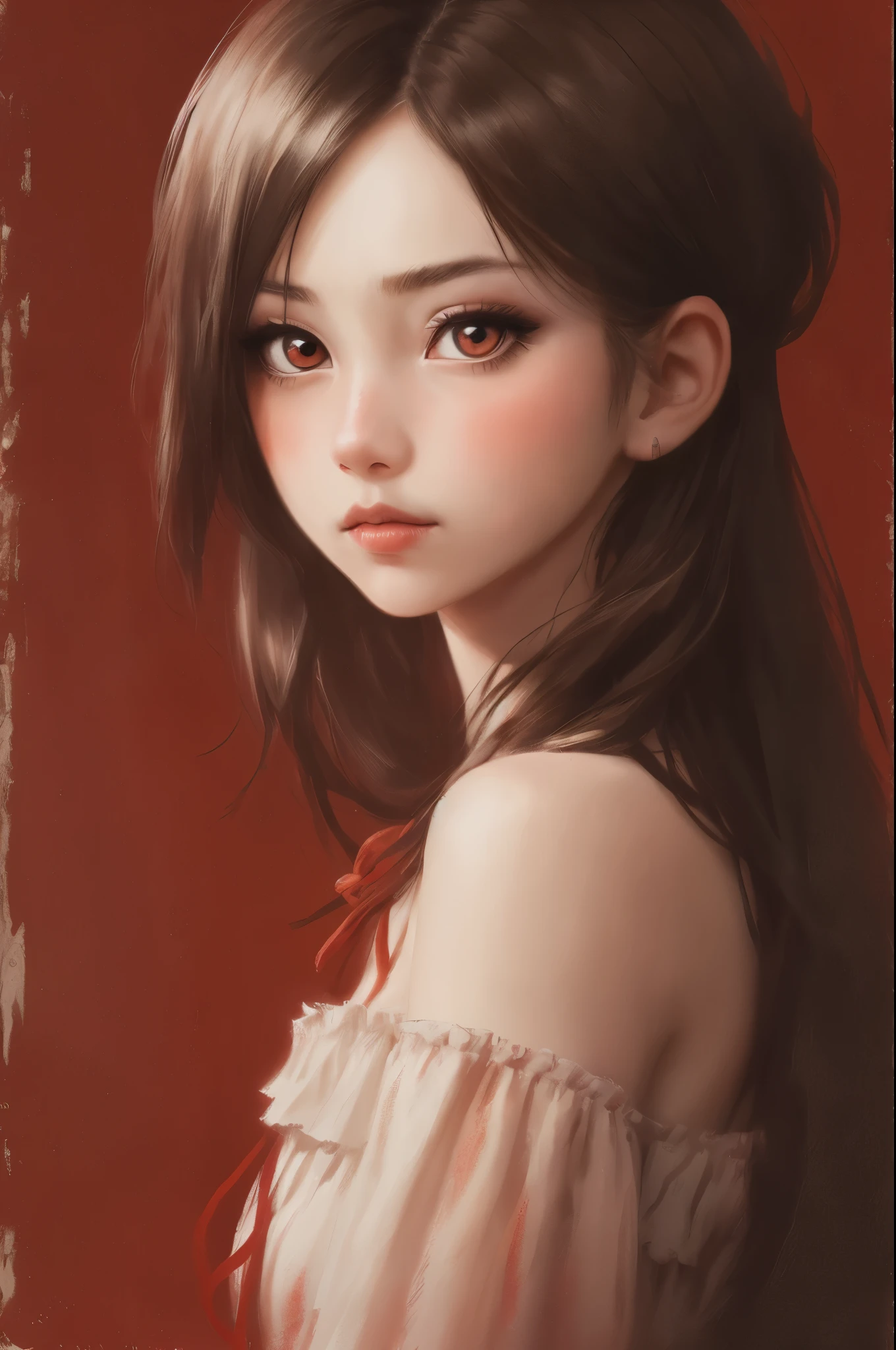 1girl, solo,red theme,looking at viewer,large eyes,portrait,from side,good-girl,((mature female))