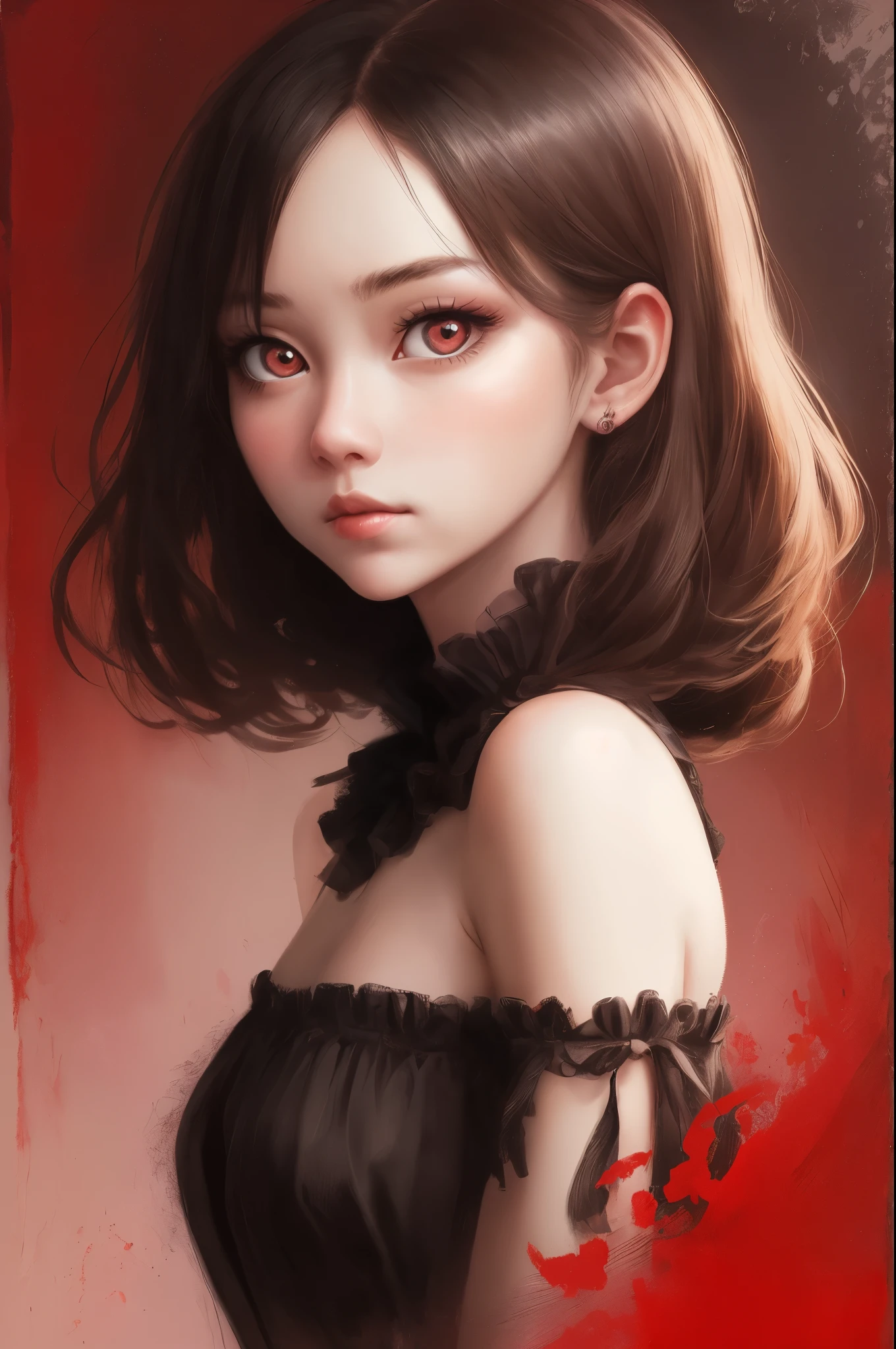 1girl, solo,red theme,looking at viewer,large eyes,portrait,from side,good-girl,((mature female))