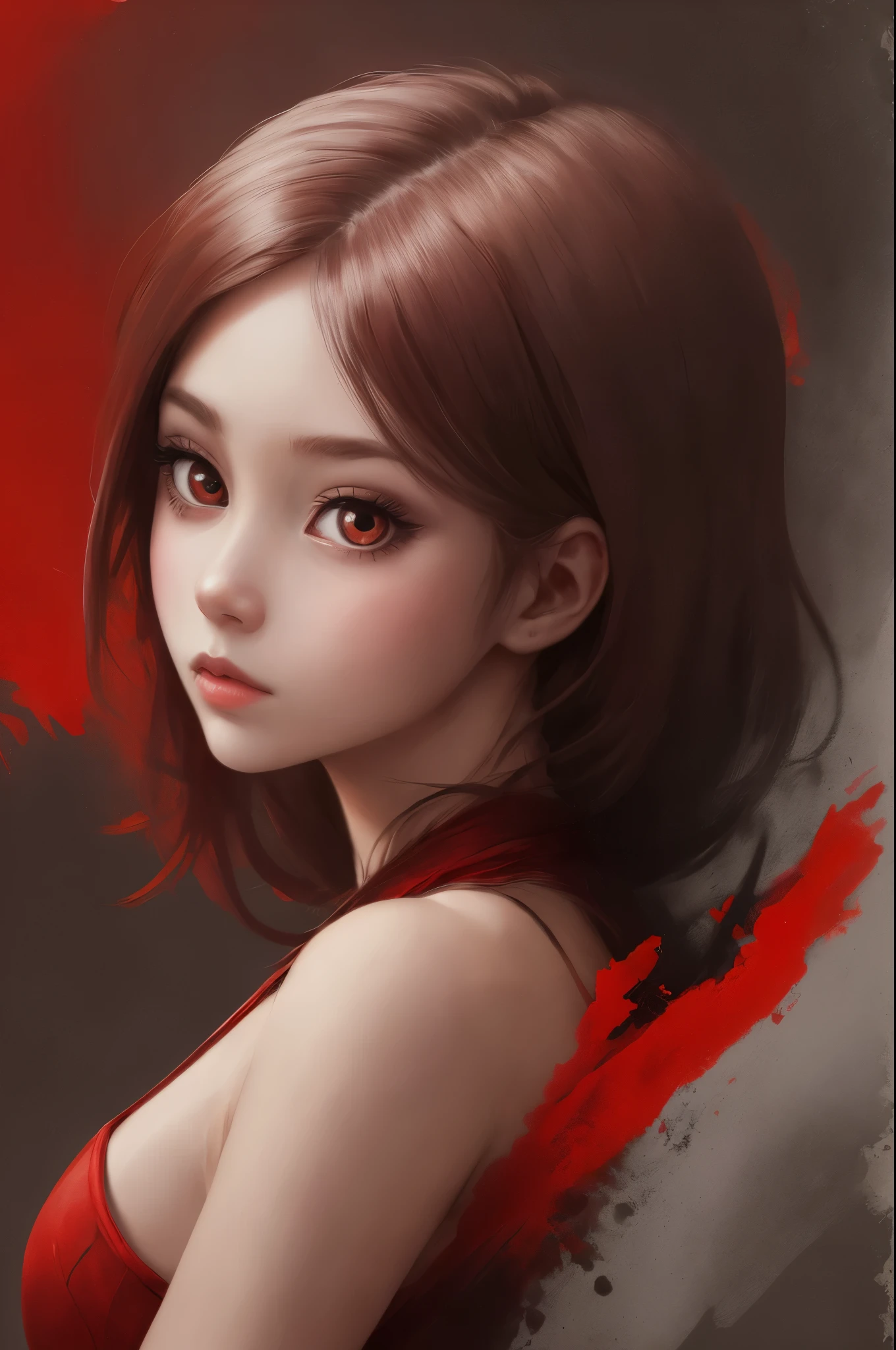 1girl, solo,red theme,looking at viewer,large eyes,portrait,from side,good-girl,((mature female))