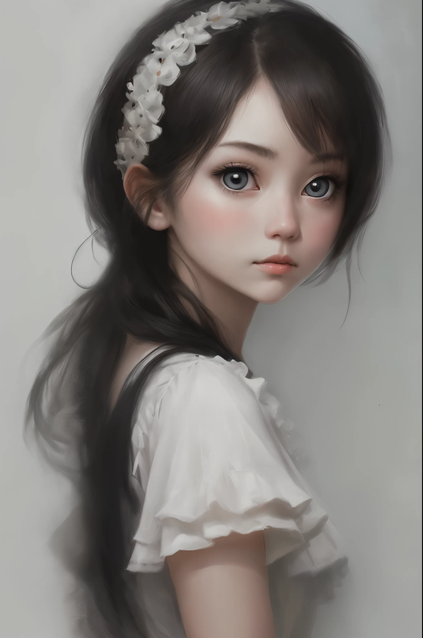 1girl, solo,white theme,looking at viewer,large eyes,portrait,from side,good-girl,((mature female))