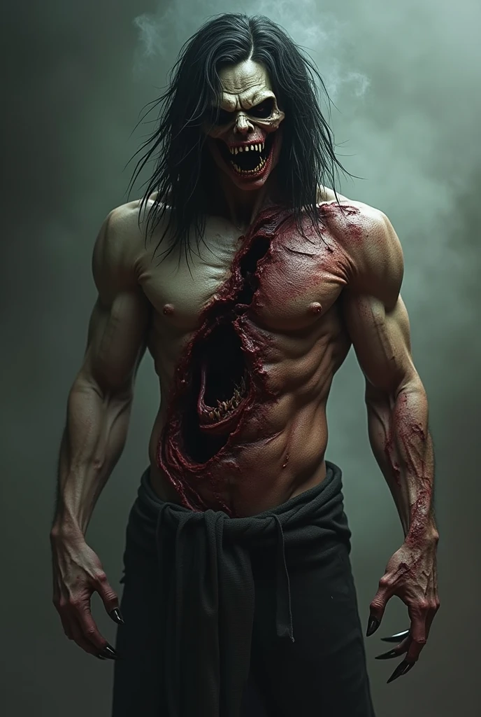 (raw photo, best quality) , (Realistic, photo-realistic: 1.4), extremely formidable overall plan, masterpiece, ultra-detailed, high resolution, best illustration, best shadow, complex, depth of field, grand plan, horror, 1 man alone, scary, he is very thin, he has a pale chin, is wearing dreadlocks, his eyes are red and crazy (mad look) (bright red), he has sharp teeth, his face is scary, skinny and hollowed out, his body and face are covered with tattoos, he has several scars on his body, he wears ripped and cropped pants (very torn), He holds two bloody knives (blood) in both hands, he has a scary gait, he is in a forest, gloomy atmosphere, night, night, volumetric fog, 8k photorealist style, DSLR, high quality, (film grain: 1.4), Fujifilm XT3,