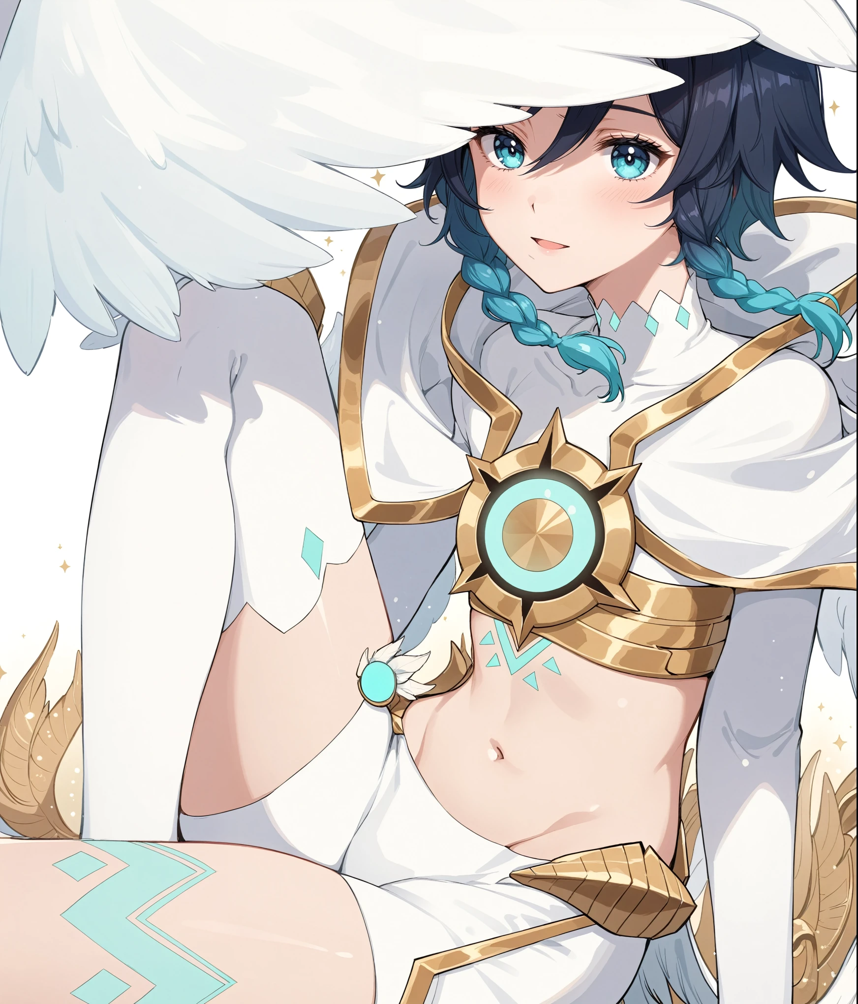 masterpiece,best quality,very aesthetic,absurdres,1boy,venti_/(archon/)_/(genshin_impact/),male_focus,detailed_eyes,(gnns:0.25),white feathered_wings,white halter crop top,white shorts,hair_flower,midriff,black blue hair gradient,dsmile,((flat chest)),slender,small waist,starry_sky,moon,starry_sky_print,((bluegreen eyes)),slender,feathers,divine,detailed_eyes,long_eyelashes,pink_lips,glossy lips,narrow_waist,wide_hips,bare stomach,seductive,flirtatious,iridescent volumetric light, god rays, heavenly,cosmic,celestial,perfect elegant hands,(realistic:0.25),Monet, pixiv fantasia 