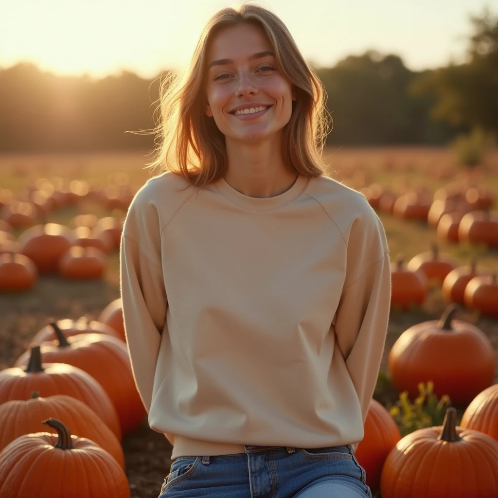 (photorealism:1.2), beautiful woman, teacher, field trip, child on hand, smiling, jeans, long wavey hair, soft lighting, children on pumpkin field, relaxed pose, realistic, intricate details, warm colors, by Greg Rutkowski, by Alphonse Mucha