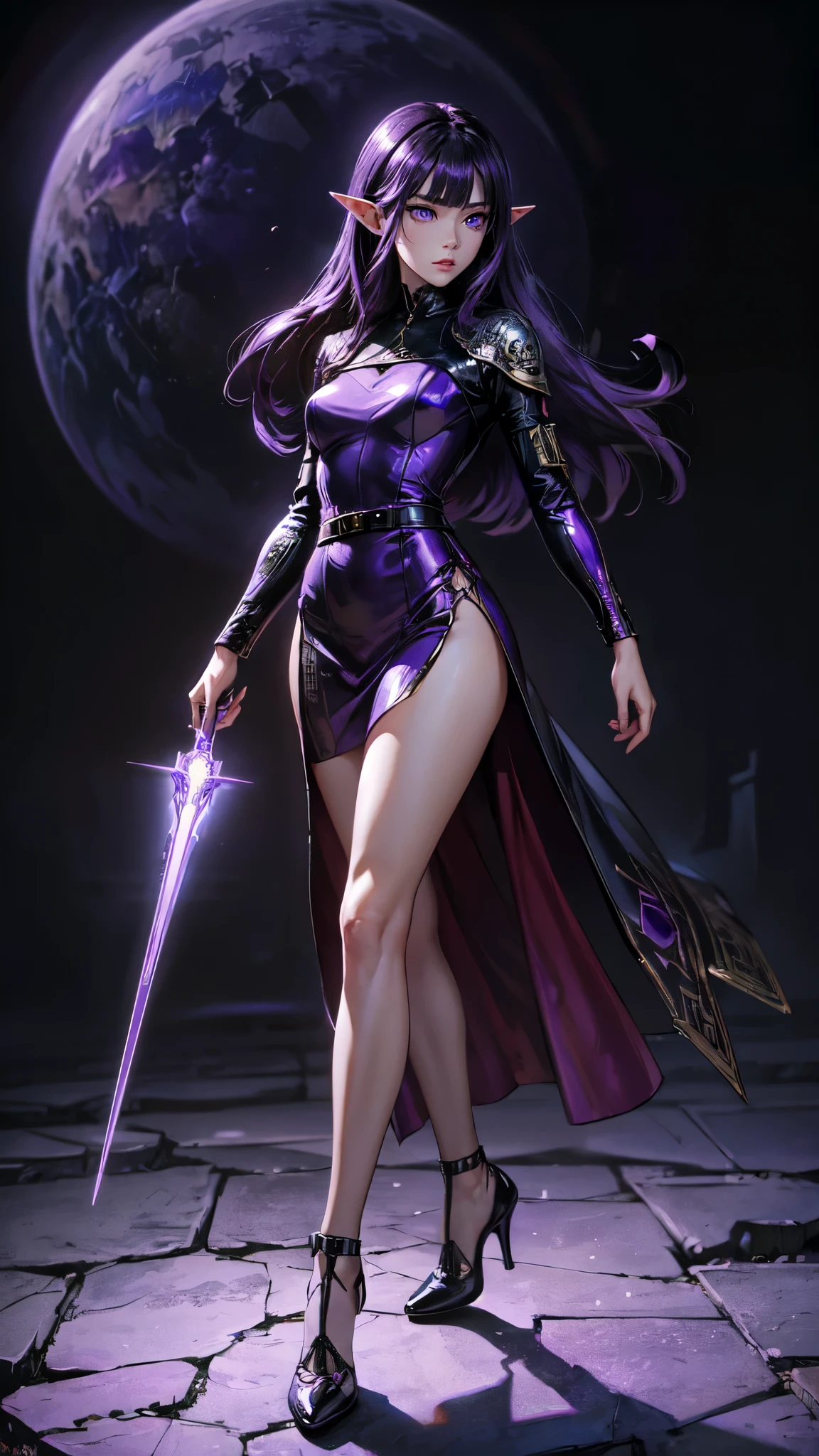A huge purple crystal sword (best quality, ultra-detailed) in a surreal landscape (photorealistic) with a glowing aura and shimmering reflections (vivid colors). The sword is depicted with extreme detail, showcasing intricate engravings and a sharp, polished blade. The crystal emits a radiant glow, illuminating the surroundings and casting a faint purple hue on the surrounding environment (color palette: purple). The scene is bathed in soft, ethereal lighting (studio lighting), creating a mystical atmosphere.