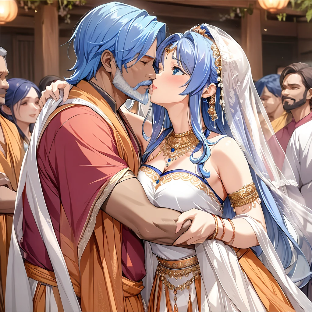 ((Highest quality)), ((masterpiece)), (detailed), （Perfect Face）、The woman is Extia and has blue hair.、The woman is wearing the traditional Indian dress, a sari.、The woman is embracing and kissing a middle-aged Indian man with a beard in their wedding ceremony.