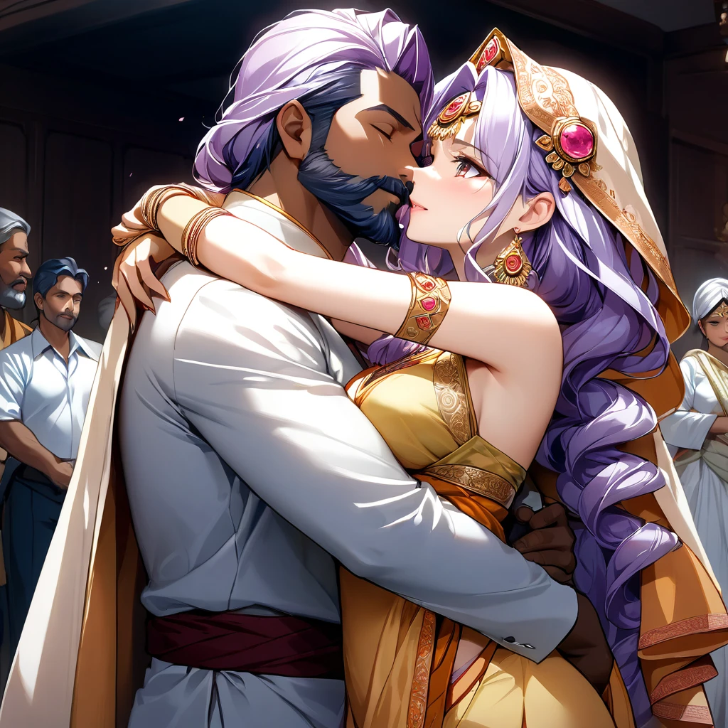 ((Highest quality)), ((masterpiece)), (detailed), （Perfect Face）、The woman has light purple hair in Extia Magica、The woman is wearing the traditional Indian dress, a sari.、The woman is embracing and kissing a middle-aged Indian man with a beard in their wedding ceremony.