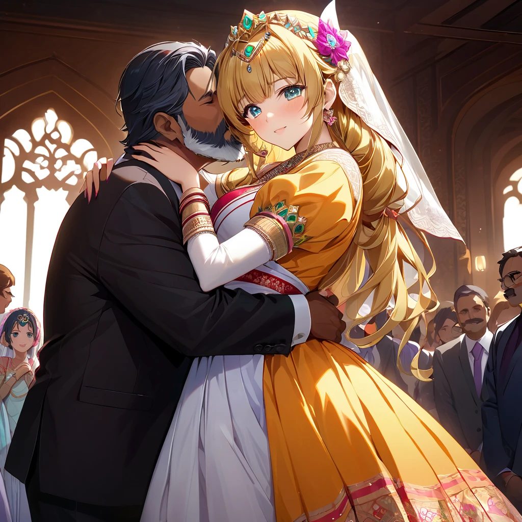 ((Highest quality)), ((masterpiece)), (detailed), （Perfect Face）、The woman is Extia Spica、The woman is wearing the traditional Indian dress, a sari.、The woman is embracing and kissing a middle-aged Indian man with a beard in their wedding ceremony.