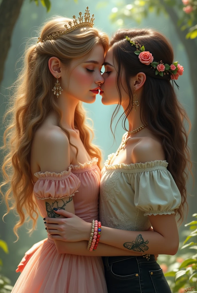 A  beautiful and sexy princess and her twin sister who is her lover embracing and passionately kissing and caress boobs
