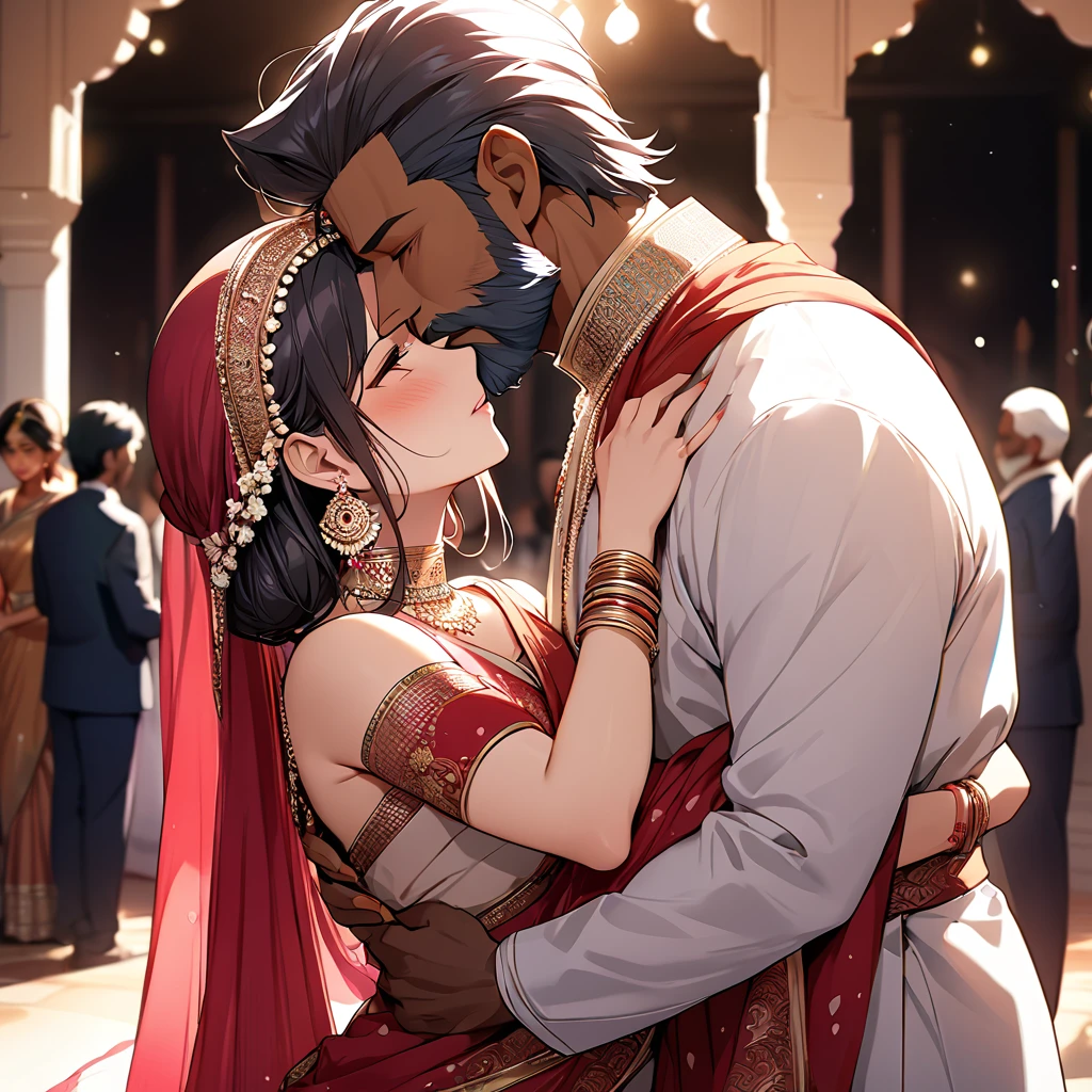 ((Highest quality)), ((masterpiece)), (detailed), （Perfect Face）The woman is Lunamaria、The woman is wearing the traditional Indian dress, a sari.、The woman is embracing and kissing a middle-aged Indian man with a beard in their wedding ceremony.