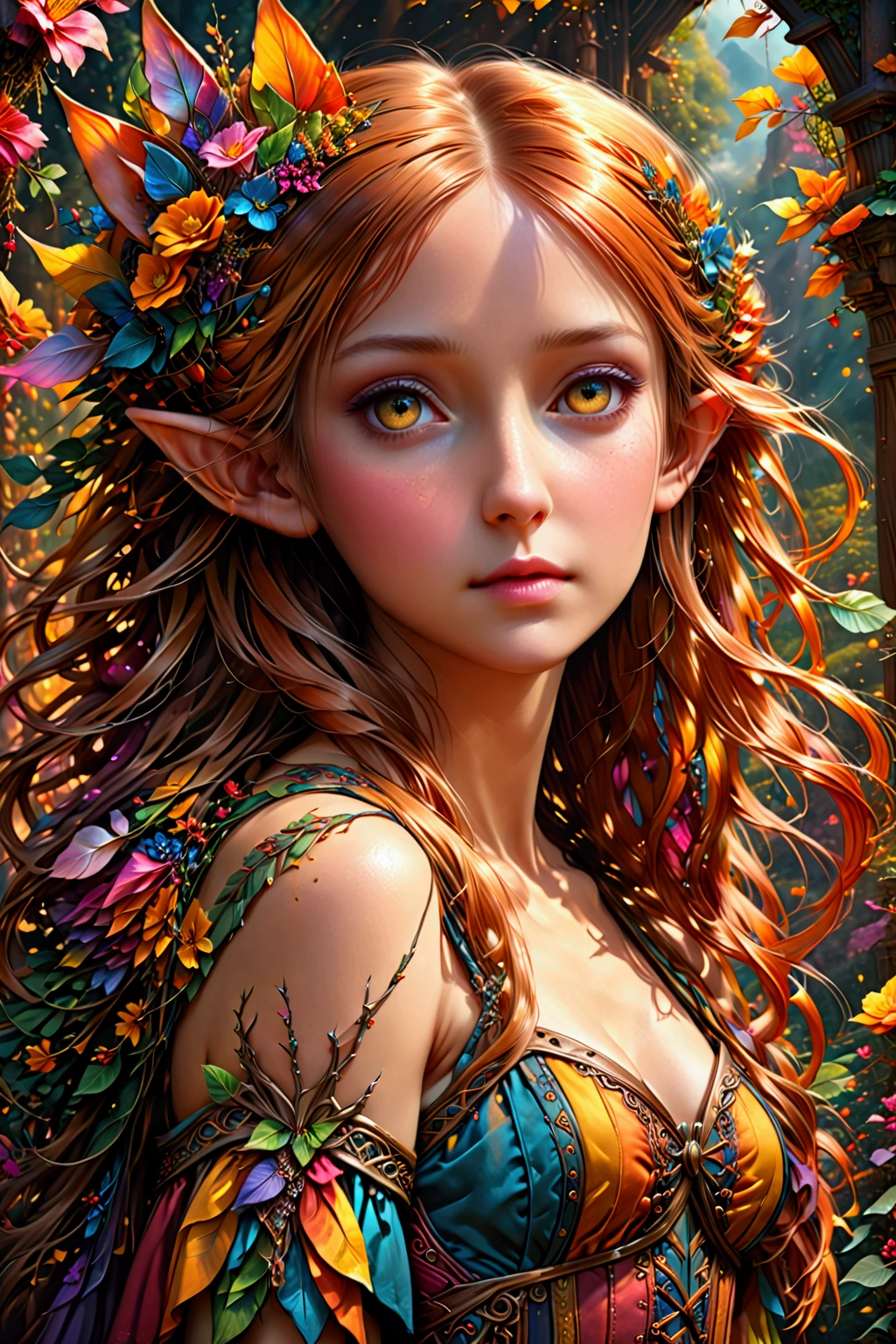 a elf woman with ((small pointed ears)), long amber hair, Ethereal multi color corset dress and a mischievous expression, looking over her shoulder and beckoning the viewer to follow, detailed fantasy portrait, cinematic lighting, dramatic composition, highly detailed, intricate, whimsical, vibrant colors, warm color palette, magical atmosphere, (best quality,4k,8k,highres,masterpiece:1.2),ultra-detailed,(realistic,photorealistic,photo-realistic:1.37)