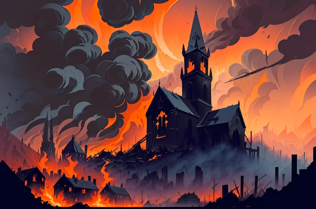 Burning village, intense fire, dark clouds, smoke, ruined buildings, torn black flag on pole, spire of burning church, devastation, chaotic atmosphere, warm color tones, bright orange flames, dark contrast, dramatic lighting, visual intensity, low perspective, wide view, palpable destruction.