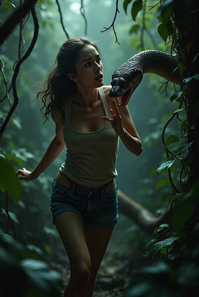 In the jungle、Woman in a camisole、Being chased by a big snake