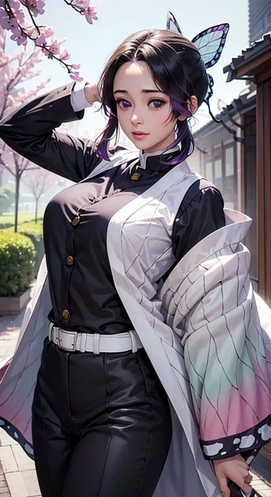 Ultra-realistic 8K CG,masterpiece,((Highly detailed background, Delicate pattern, Intricate details)),highest quality,very detailed face,Very beautiful eyes and face,Very beautiful eyes,Kocho Shinobu,Colorful Hair,No bangs,Hair intake,Purple eyes,amount,Black Shirt,Black trousers,Haori,butterfly,button,belt,(garden:1.2),Purple Flower,a bit,cloudy null,sunlight,Tyndall effect,slope_null,face,Gorgeous null,West Saber,Attractive posture,