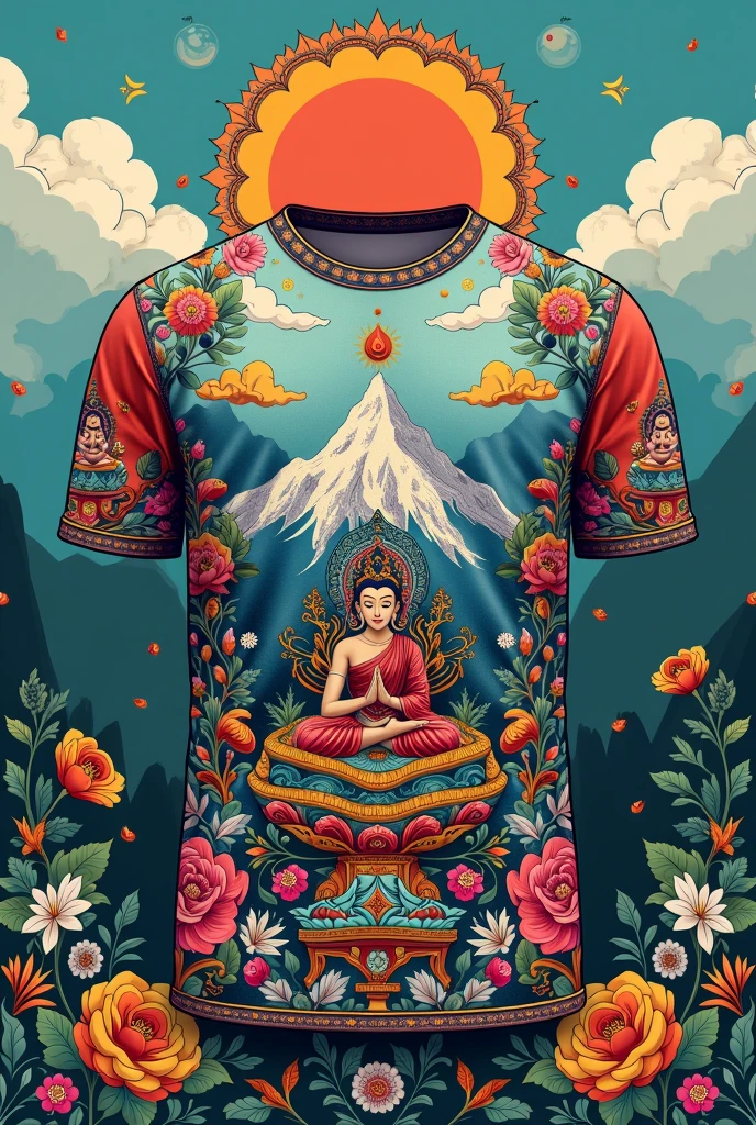 "A simple yet elegant T-shirt design inspired by Buddhist themes. The T-shirt features a serene Buddha image centered on the chest, with lotus flowers subtly integrated into the design. The color palette is earthy, with shades of beige, brown, and soft gold. The T-shirt has a minimalist style, with clean lines and a calm, peaceful aura. The background should be plain, highlighting the spiritual and meditative nature of the design.