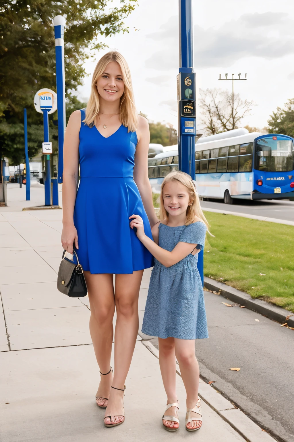 Average blond woman in a blue minidress, standing at a bus stop with her daughter