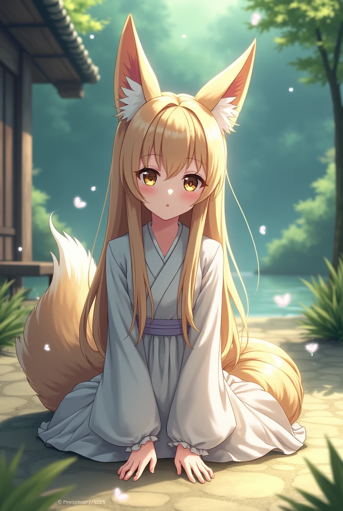 masterpiece, highest quality, Very detailed, 16k, Ultra-high resolution, Cowboy Shot, One -yeld gi Detailed face, Perfect Fingers, Fox Ears, tail, Golden Eyes, Blonde, Long Hair, Red kimono, in the forest, During a walk