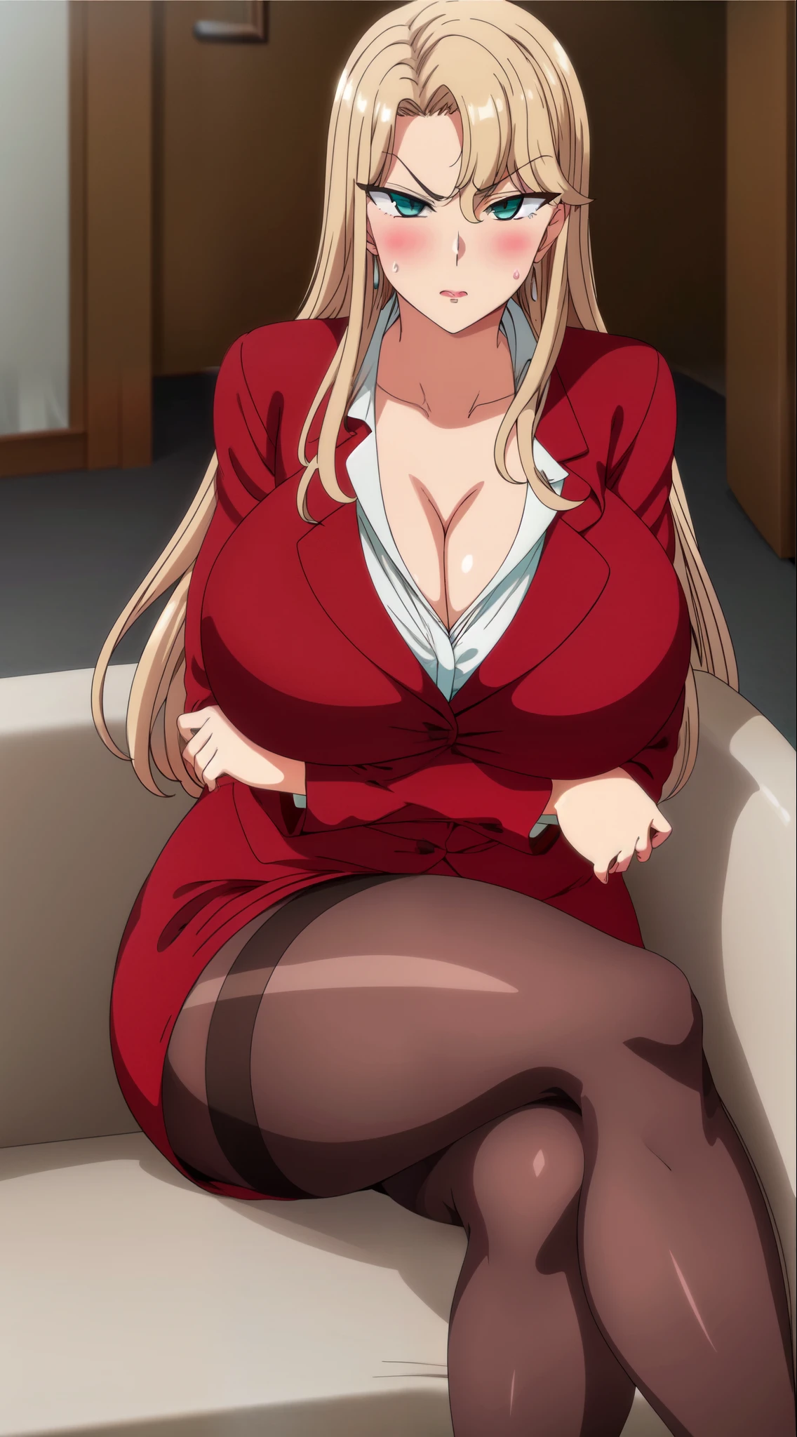 masterpiece, best quality, highly quality , blonde, aqua eyes, collared shirt, cleavage, sitting, jacket, black pantyhose, crossed arms, HUGE BREAST, crossed legs, couch, red skirt suit , (seriuos, ), eye_brow up, (blush:1.2) , mature woman , (thighs:1.2) , thick thighs ,
