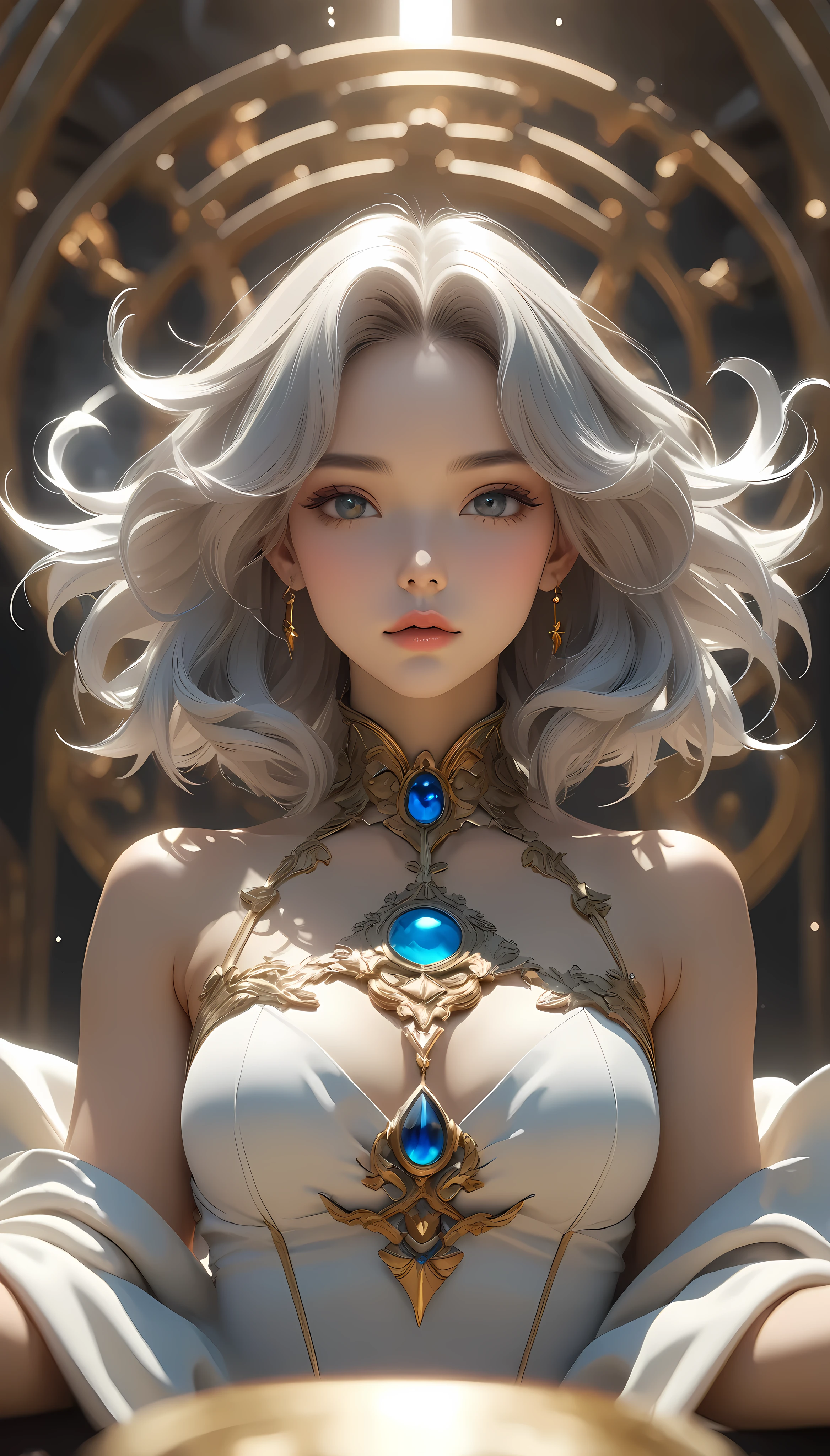 beuaty girl,gentle,Delicate face,Princess Crown,Coiled hair,耳?????? Ring,choker necklace,bangle,(white wedding gown:1.4),(White gauze bandana:1.4),Set with brilliant and colorful gemstones,Tyndall effect,Glow effects,((Close-up strengthened)),up-close,sharp focus on eyes,The eyes are carefully depicted,Hair is carefully described,Anime art style,Romantic graffiti,Meticulous,Realism is popular, New Fauvist style,Knolling,8K,tmasterpiece,super-fine,best qualtiy,8K,tmasterpiece,Works of masters,Detailed pubic hair,Accurate,Epic shooting,(dynamic viewing angle:1.5)