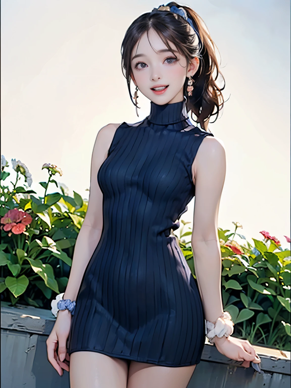 ((((Highest quality))))、(((Ultra-precision CG16K wallpaper)))、(((masterpiece)))、(((Super detailed)))、(((Extreme detail)))、((1Mature 29 year old woman:1.6))、((Very beautiful Japan face of a person))、((Urizane Face:1.8))、((Medium one-length straight hair:1.6))、(Shiny Hair)、Beautiful face depicted in detail、(Detailed eyes、Shining black eyes)、double eyelid、High nose、Small nostrils、Small Mouth、Seductive lips、Beautiful breasts、((B cup size breasts))、Beautiful feet、((Thin thighs))、eight-headed body、Perfect proportions、Perfect Anatomy、Perfect composition、Beautiful detailed shading、Beautiful, natural lighting、Beautiful detail glow、Depth of written boundary、(((High chroma)))、(((Real:1.9)))、((vivid:1.5))、((Beautiful Skin))、((Skin Texture))、((Realな皮膚感))、(((Cowboy Shot:1.6)))、(((front view、shoot from front、front low angle:1.6)))、(((smile:1.5)))、(((looking at camera:1.6)))、Bright daylight、Natural light、(((background_Flower Field、Mountain、null:1.5)))、(Gravure idol pose:1.6)、(((Navy blue sleeveless high neck ribbed knit mini dress:1.6)))、((hair ornaments、Wearing earrings:1.5))、