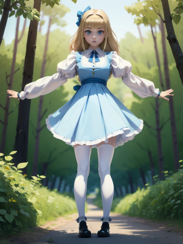 masterpiece, looking at viewer, pout, standing up, legs spread, outdoors, playful ambiance, high quality, masterpiece (Super DetailHigh detailhigh qualityHigh resolution, alice in wonderland, alice liddell, long blond hair, blue eyes, blue dress, white pinafore apron over top dress, white pantyhose, diaperMess, wearing a sagging puffy diaper, diaper, full body, blunted bangs, ((full body view, oversized clothes, sleeves_past_wrists, age regression, from front)), waist ribbon on back, looking down, from below, wonderland, forest,)