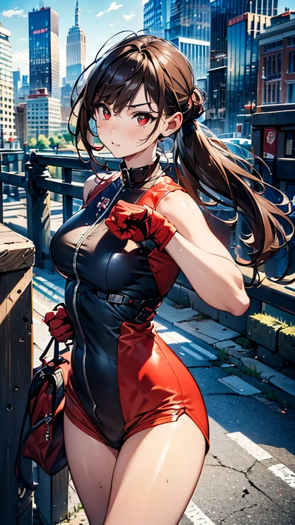 (masterpiece, best quality), intricate details, 8k, artstation, wallpaper, official art, splash art, sharp focus,, 1girl, long hair, twin tails, red eyes, brown hair, ,red jsuper jumpsuit  , skyscrapers, city, buildings, cars, street, boxing stance, upper body