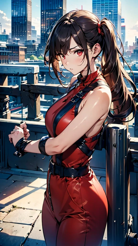 (masterpiece, best quality), intricate details, 8k, artstation, wallpaper, official art, splash art, sharp focus,, 1girl, long hair, twin tails, red eyes, brown hair, ,red jsuper jumpsuit  , skyscrapers, city, buildings, cars, street, boxing stance, upper body