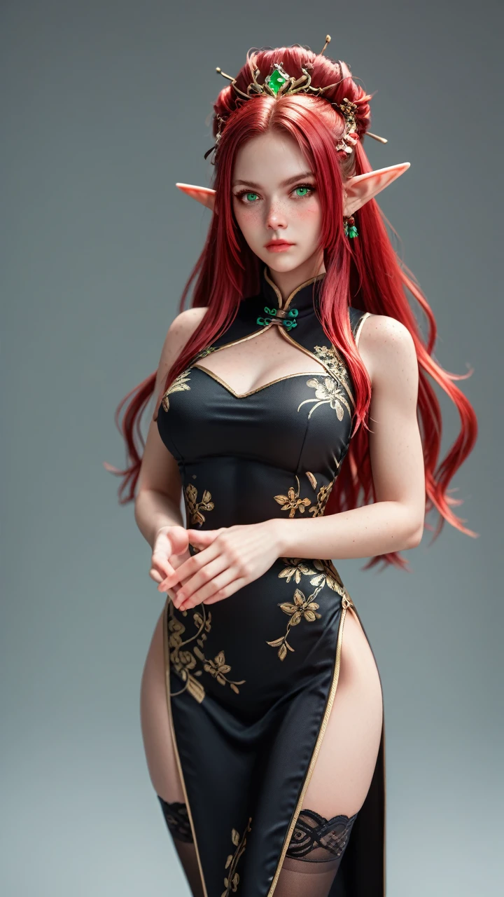 score_9, score_8_up, score_7_up, "red crimson hair" elf ears, freckles, adult  woman, sculptural body, super detailed hand, super detailed face, hyper detailed body, No defects, (emerald green eyes), focused eyes, pretty detailed eyes, pale skin, blushed face, (( wearing a black Chinese dress)), long hair, tied up hair, serious expression, frowning eyes, partes do fully body, entire limbs, ((fully body)), gorgeous fur, Waist slender, small foot, role model, best qualityer,  long black thigh-high stockings, good lighting, simple background, darkness background